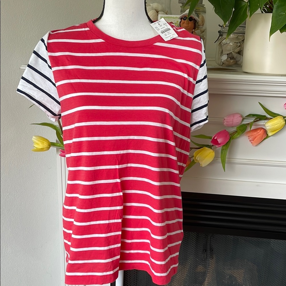 J. Crew Red & White Striped Tee with Navy-Striped Sleeves